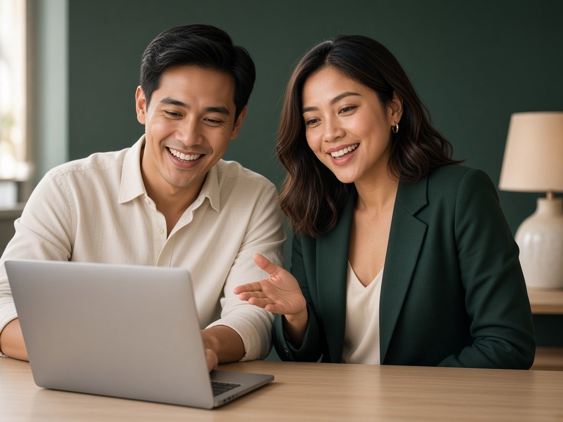 A virtual assistant introducing a client beside a laptop